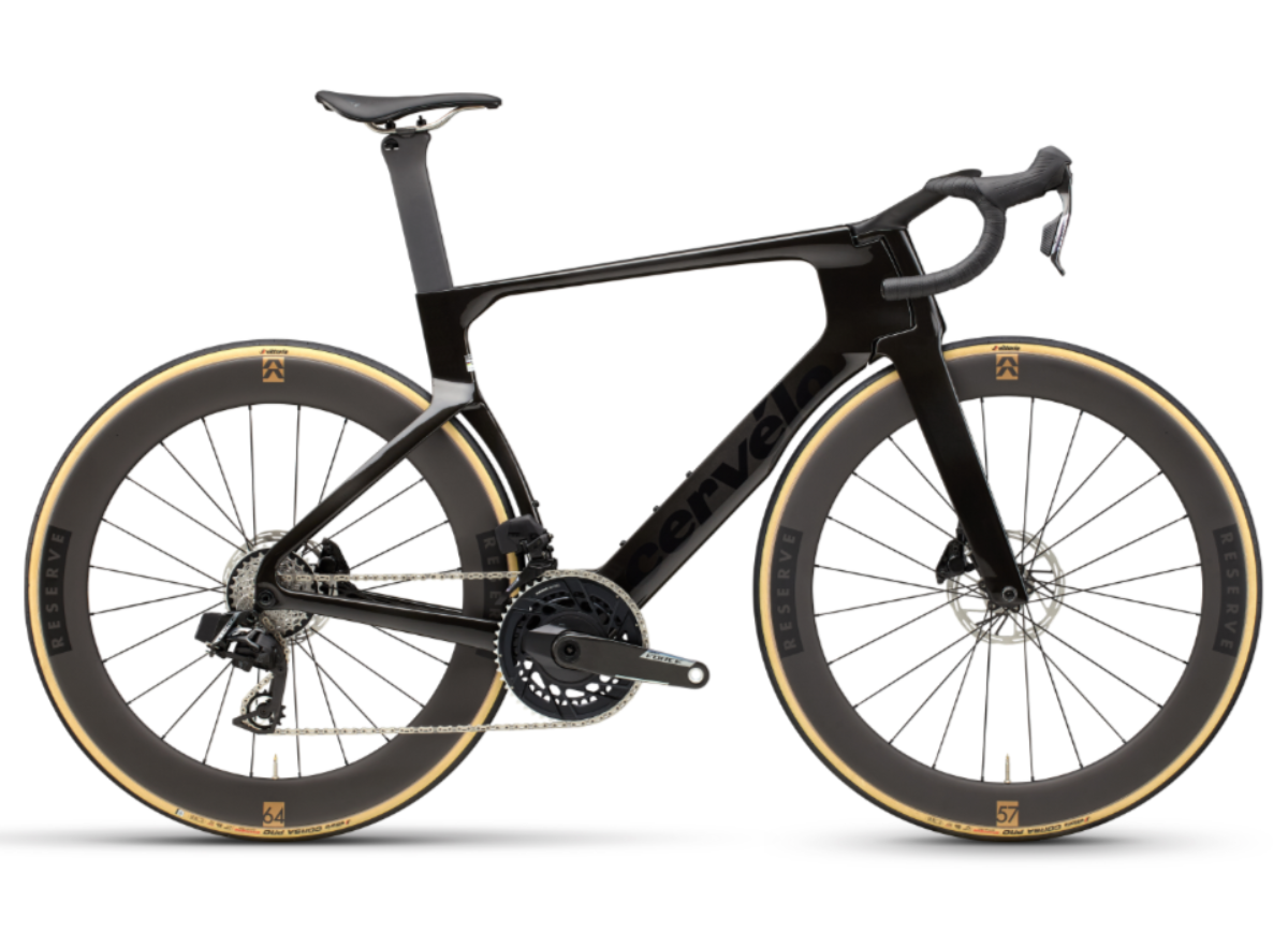 Black bicycle with gold rims on a white background