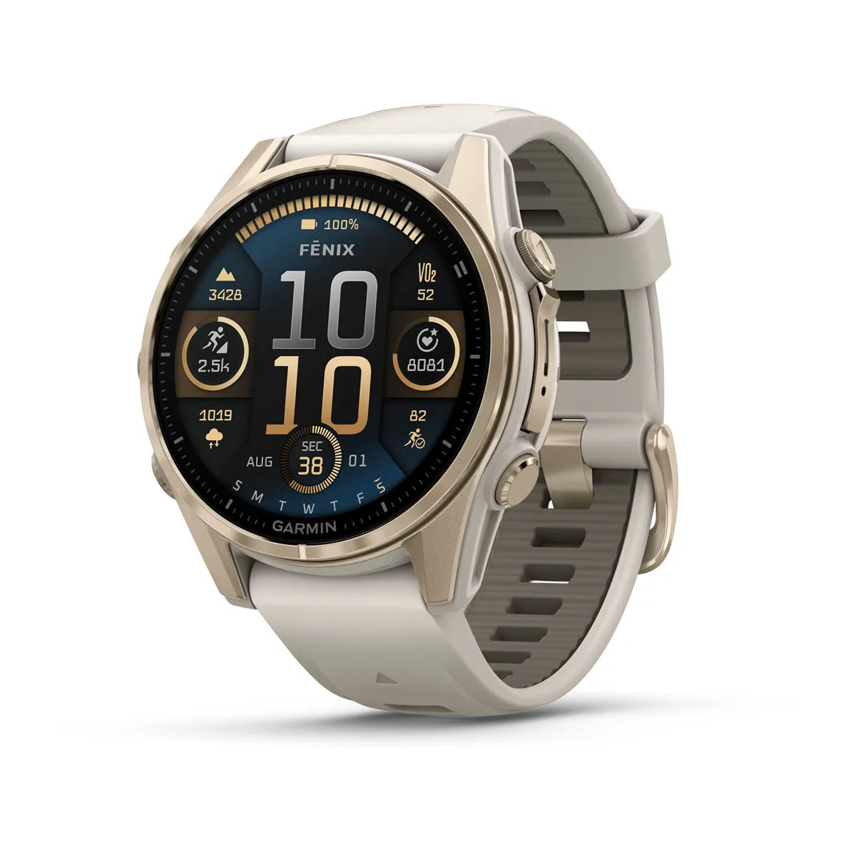 fēnix® 8 – 43 mm, AMOLED - Sapphire, Soft Gold with Fog Gray/Dark Sandstone Silicone Band
