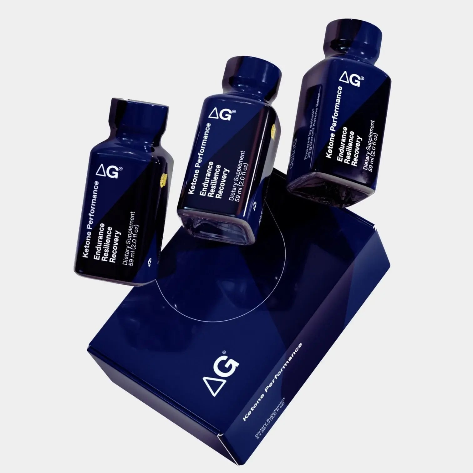 Delta G performance products including bottles and a box on a white background